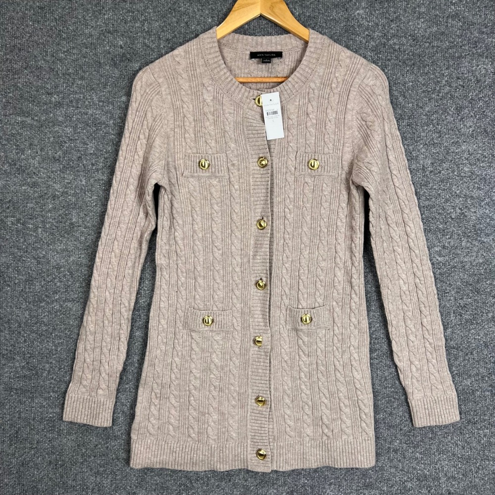 NEW Ann Taylor Cardigan Sweater Womens Small Tan NWT Cable Knit Gold Button Long